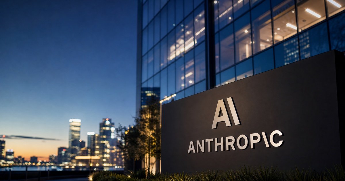 夜のオフィスビル前に立つAnthropicの看板とニューヨークの街並み｜Decart AI買収検討・2026年8月14日