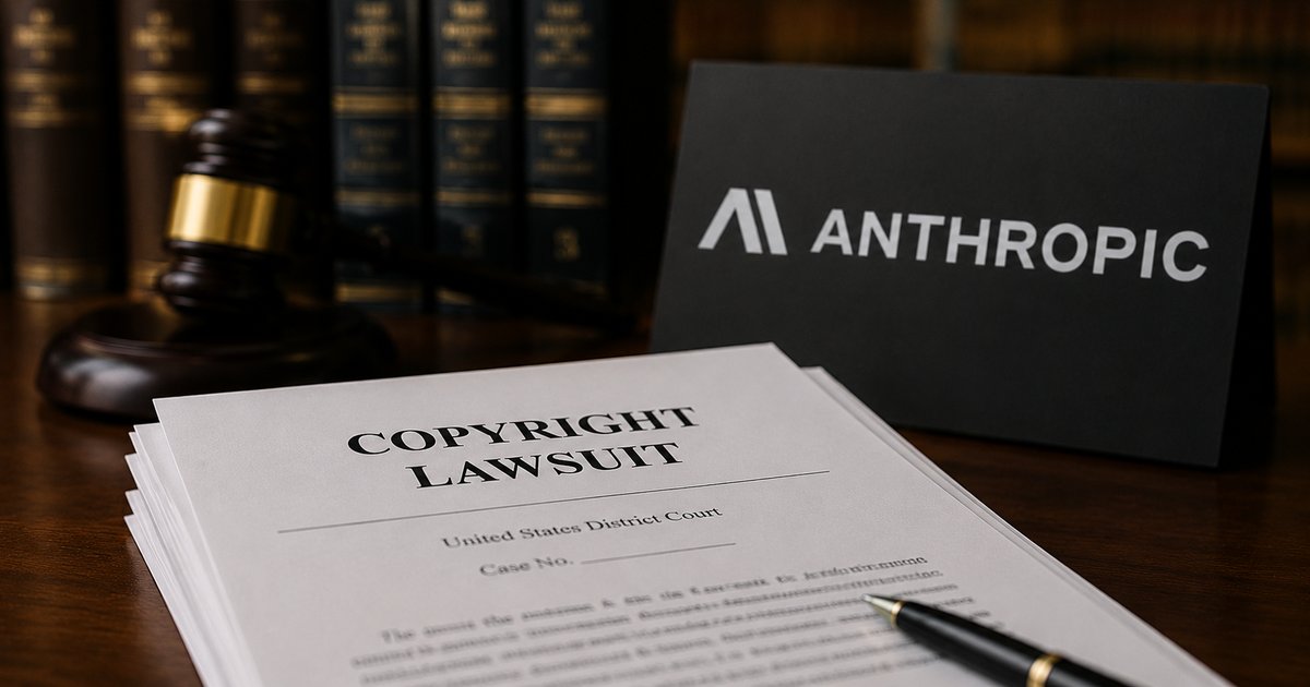 裁判所の木槌と法律書、「COPYRIGHT LAWSUIT」と書かれた書類、Anthropicのロゴが机上に並ぶ様子