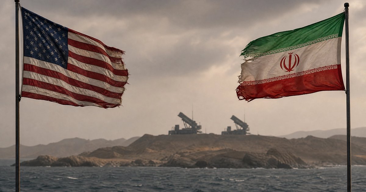 海峡を挟んではためく米国国旗とイラン国旗、背景に見える防衛設備のシルエット
