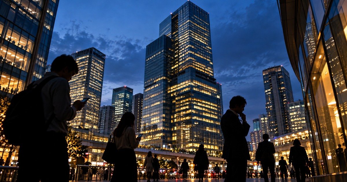 夜のオフィス街で、スマートフォンを見つめる人々のシルエット。都市の喧騒の中、それぞれが一人でAIと向き合う現代の姿を象徴する写真