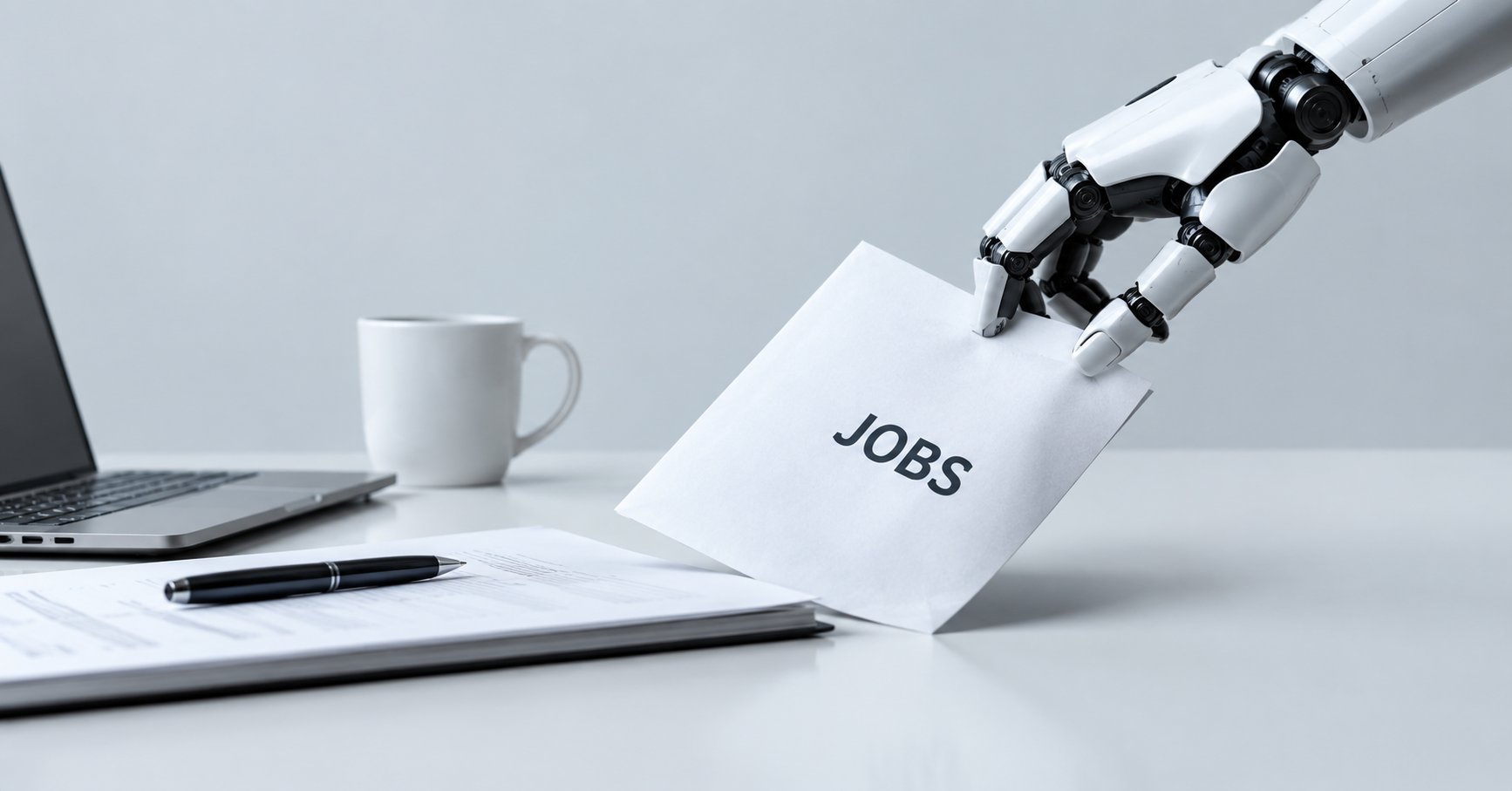 AIロボットの手が「JOBS」と書かれた封筒を持ち上げているイメージ。高所得国でAIによる雇用減少への懸念が高まっていることを象徴する写真