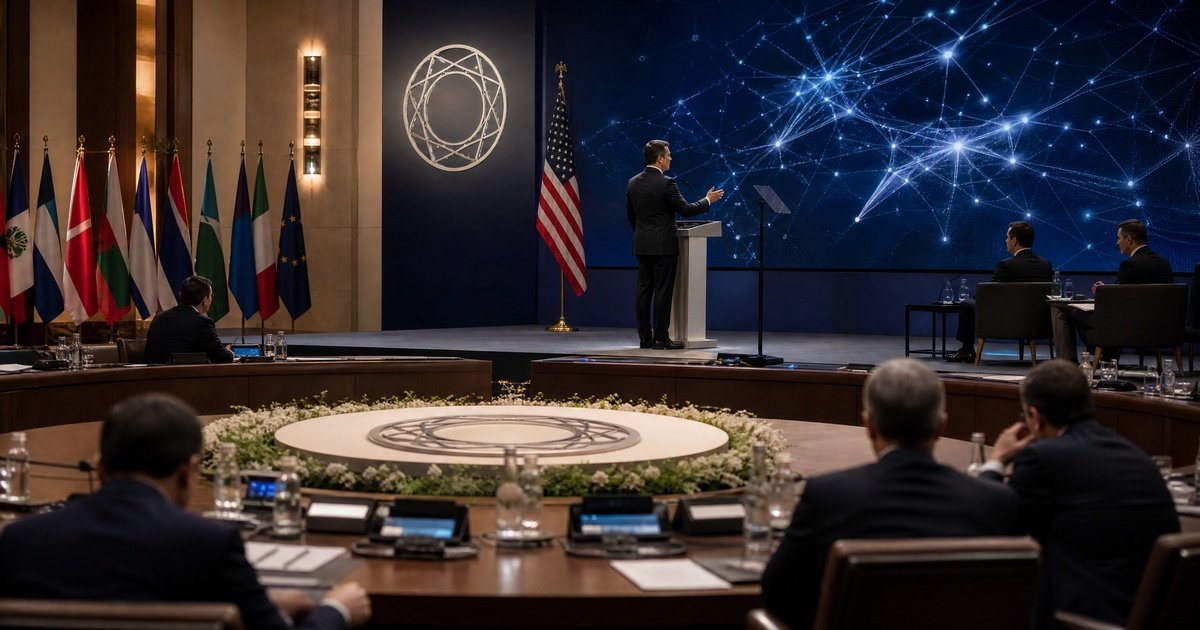 各国の国旗が並ぶ国際会議場で、AIネットワークを模した巨大スクリーンを背に演壇で発言する登壇者。G20テック閣僚会合を象徴する画像