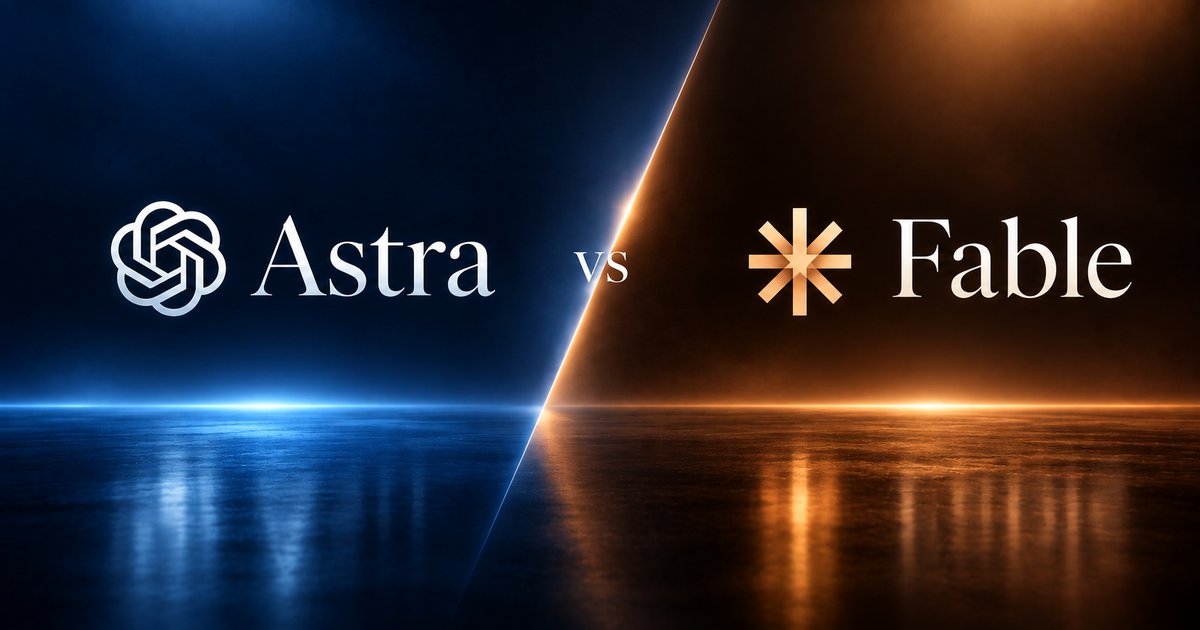 青とオレンジに分かれた背景に、OpenAIのロゴと「Astra」、Anthropicのロゴと「Fable」を対比させたイメージ画像