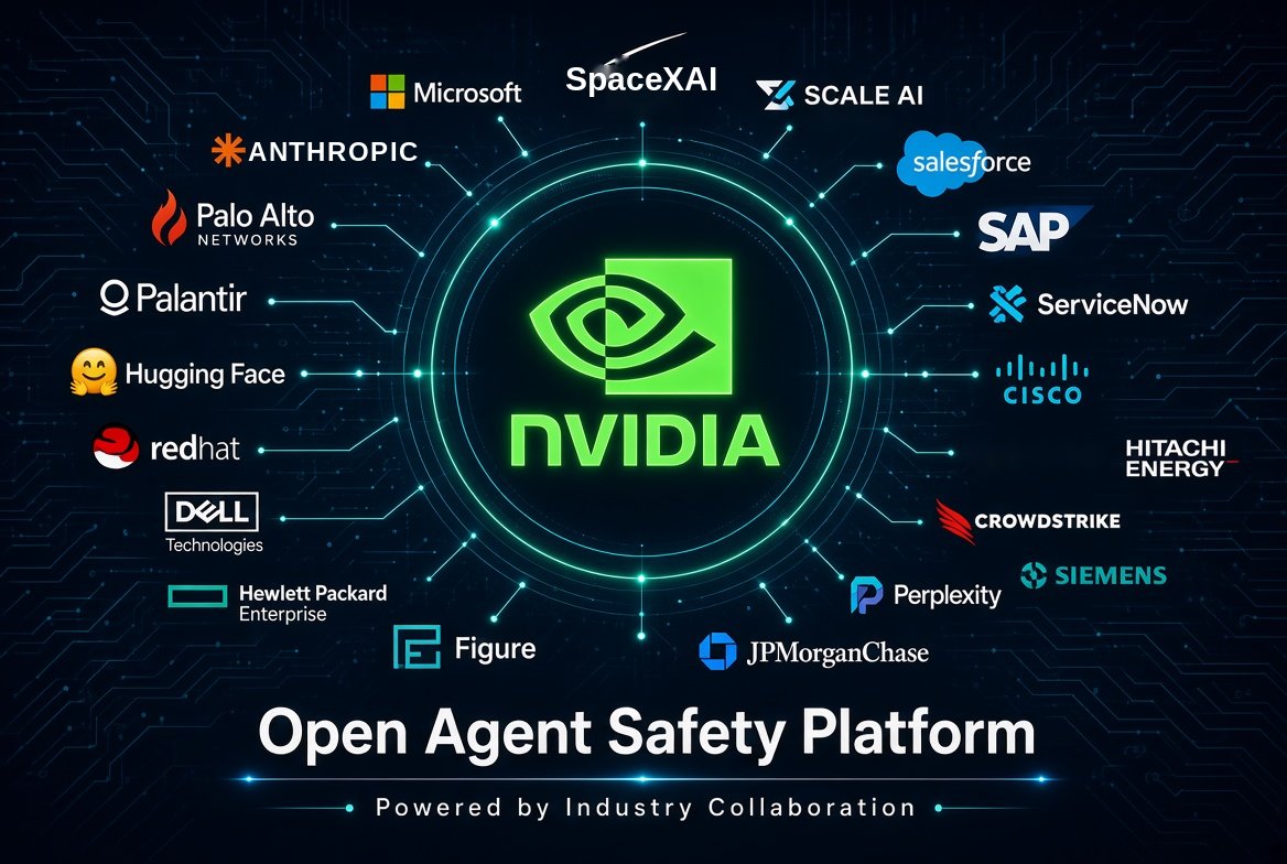 NVIDIAのロゴを中心に、AnthropicやMicrosoftなど参加企業のロゴが並ぶOpen Agent Safety Platformのイメージ図