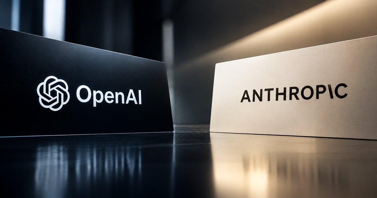 黒いプレートに立てられたOpenAIのロゴと、ベージュ色のプレートに立てられたAnthropicの社名ロゴを対比させたイメージ画像