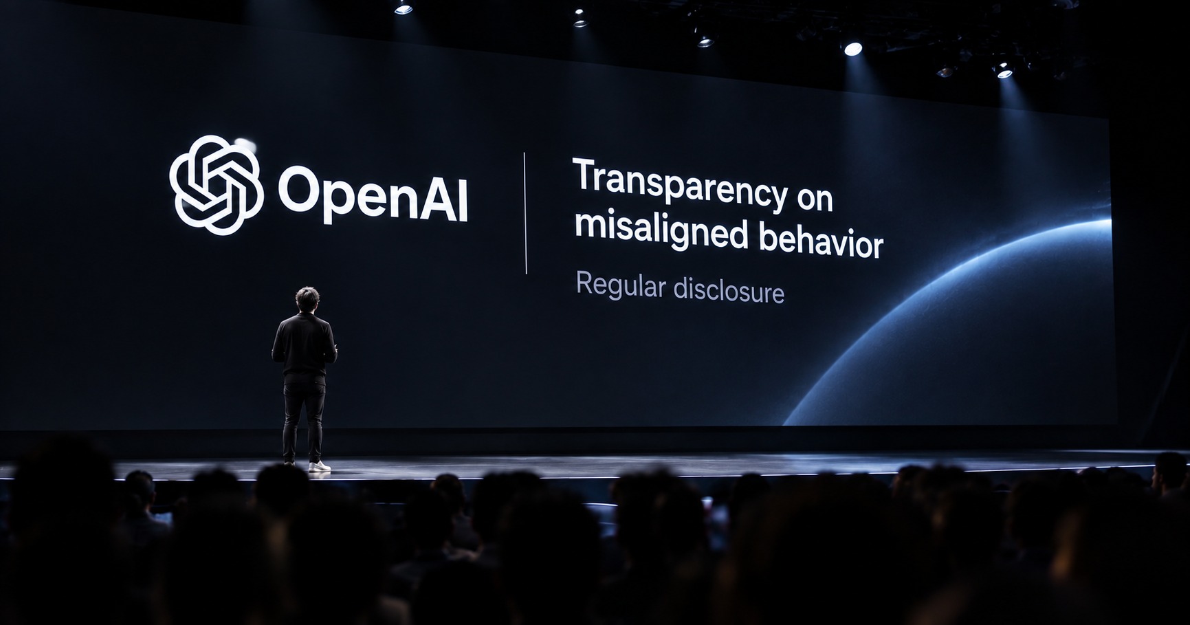 「Transparency on misaligned behavior」と表示された大型スクリーンの前に立つ登壇者のシルエットのイメージ画像