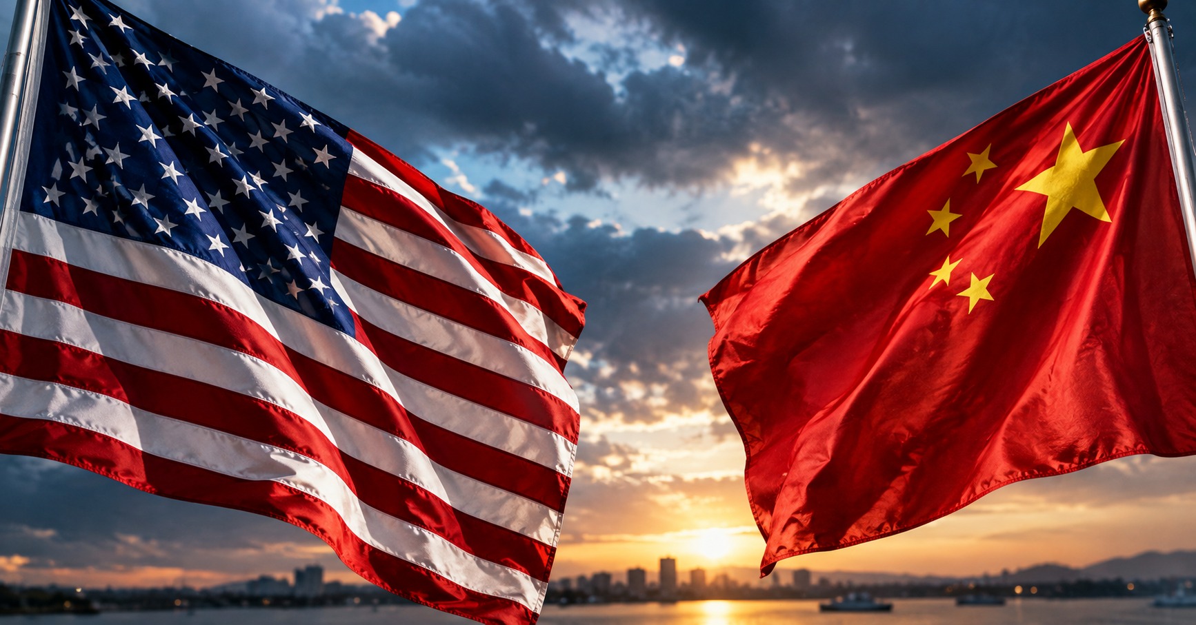 夕暮れの空にはためくアメリカ国旗と中国国旗が向かい合うイメージ画像
