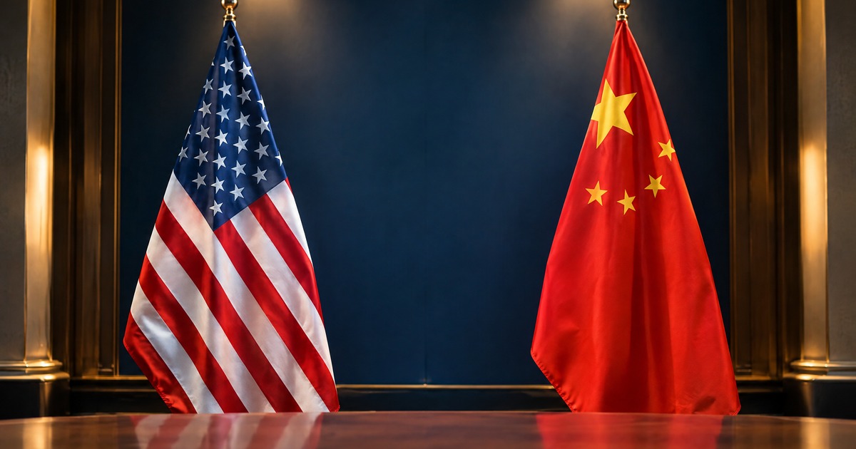 暗い会議室の中で並んで立てられたアメリカ国旗と中国国旗のイメージ画像