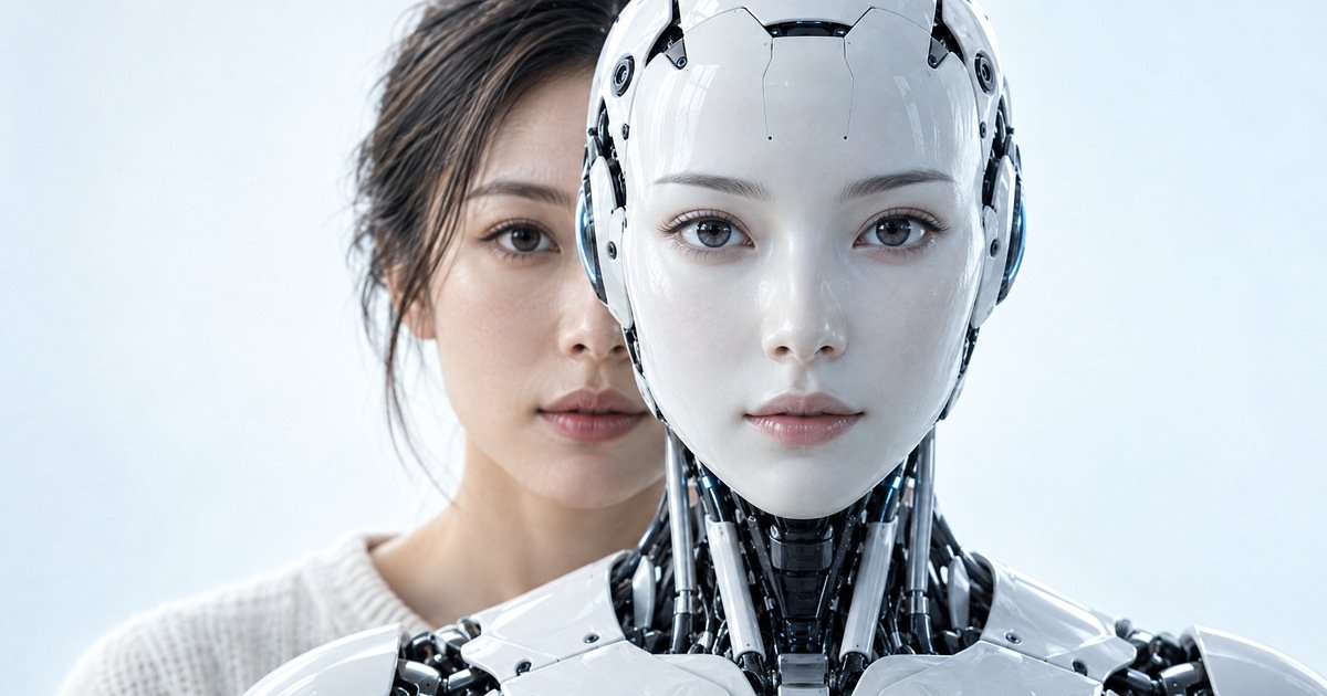 ヒューマノイド型AIロボットの正面顔のクローズアップ。背後にほぼ重なるように人間の女性の顔がのぞいており、人間とAIの境界があいまいになっていることを象徴する写真