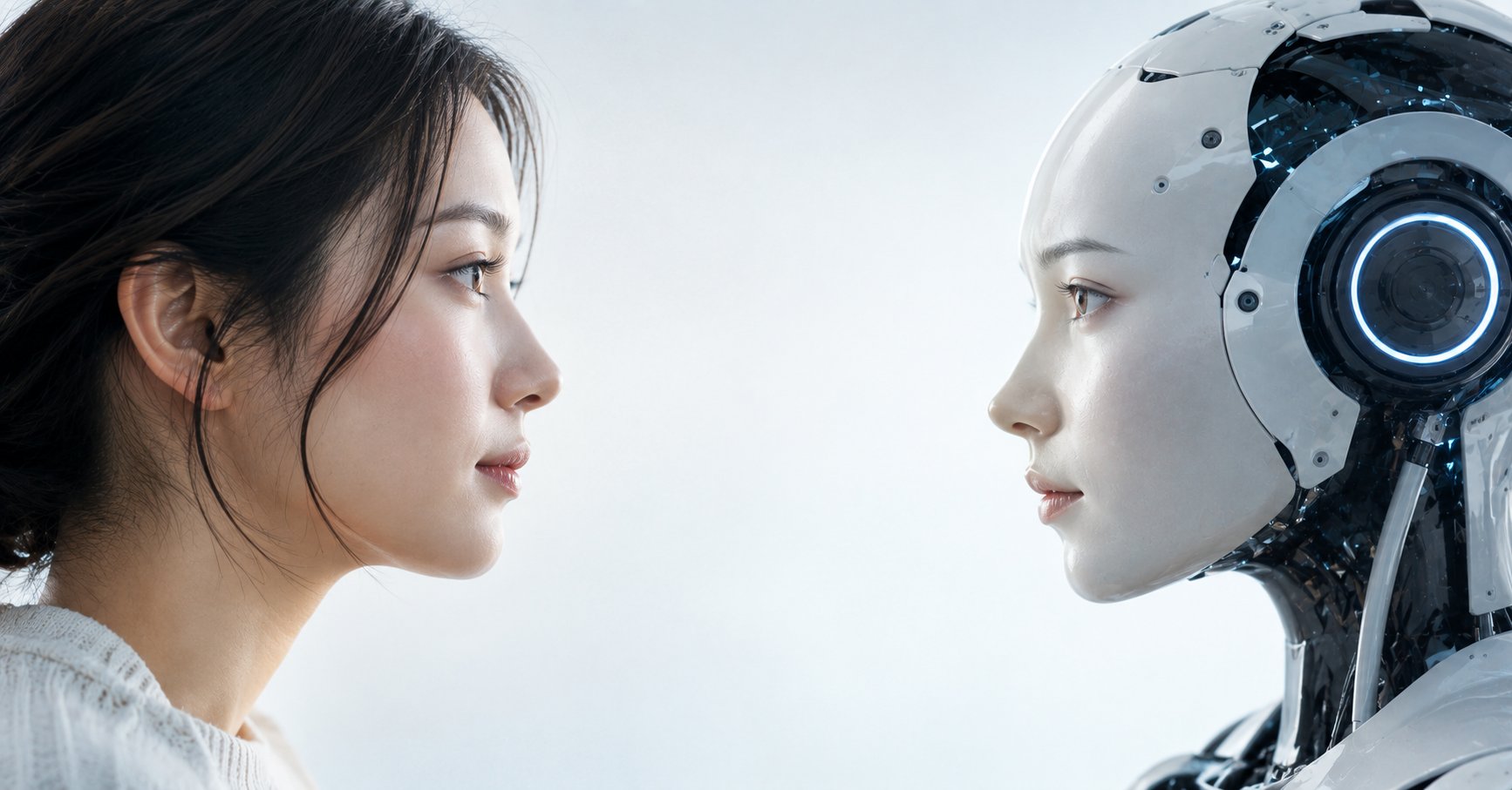 人間の女性とヒューマノイド型AIロボットが横顔で向かい合い、互いを見つめ合っているイメージ。人間とAI、人間らしさと機械の境界を象徴する写真