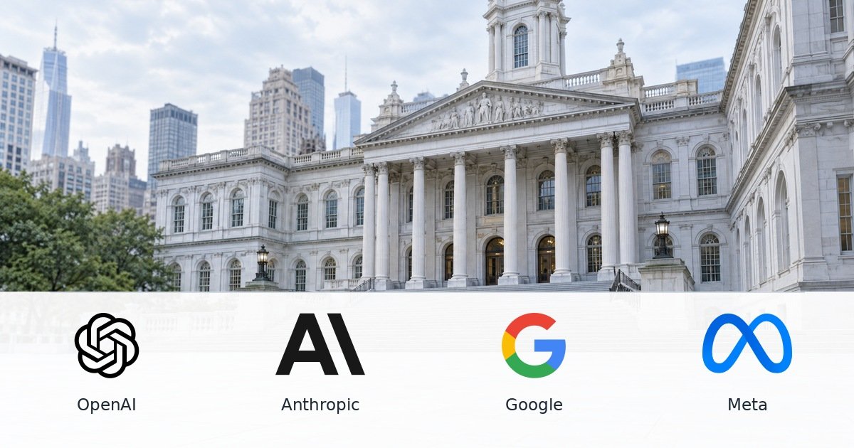 ニューヨーク市庁舎の建物を背景に、OpenAI・Anthropic・Google・Metaのロゴを並べたイメージ画像